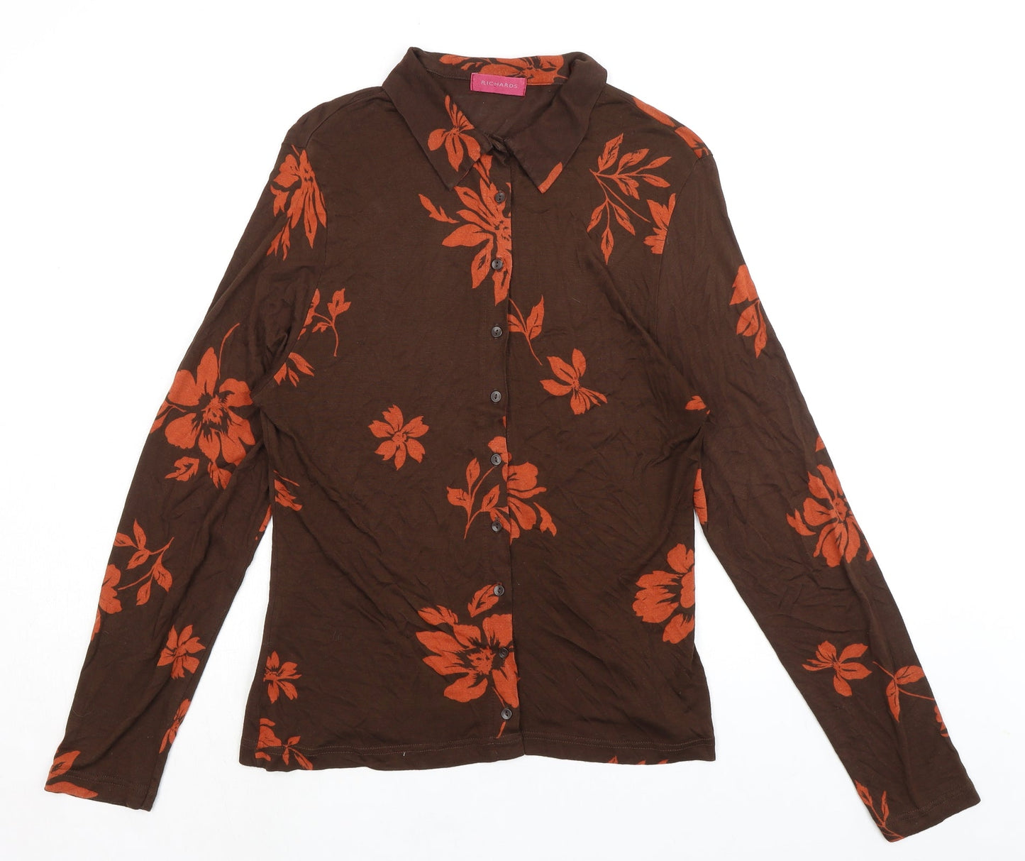 Richards Womens Brown Floral Viscose Basic Button-Up Size 14 Collared