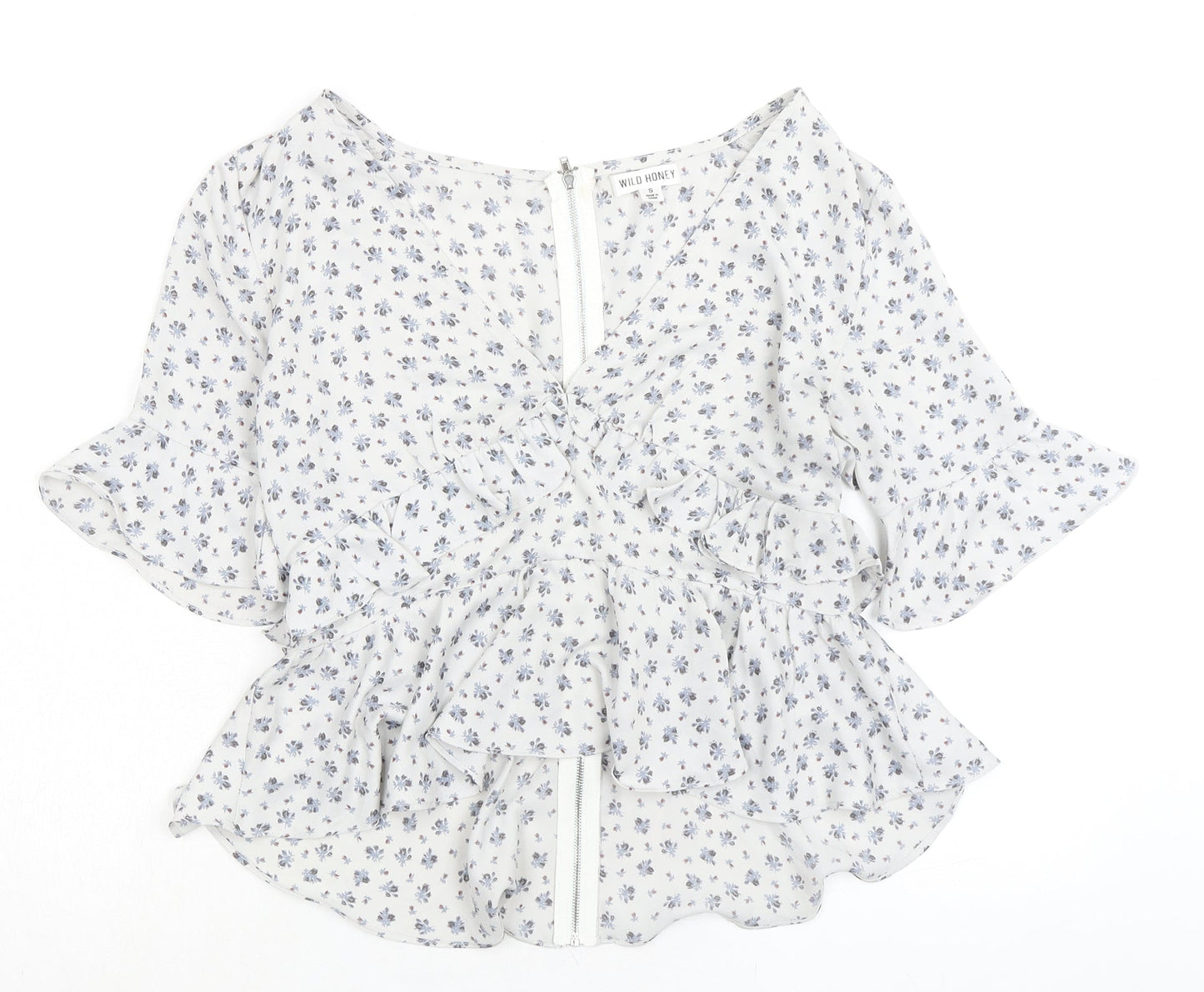 Wild Honey Womens Grey Floral Polyester Basic Blouse Size S V-Neck - Ruffles