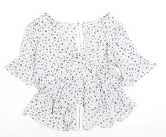 Wild Honey Womens Grey Floral Polyester Basic Blouse Size S V-Neck - Ruffles
