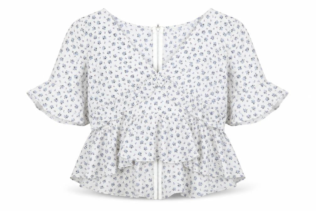 Wild Honey Womens Grey Floral Polyester Basic Blouse Size S V-Neck - Ruffles