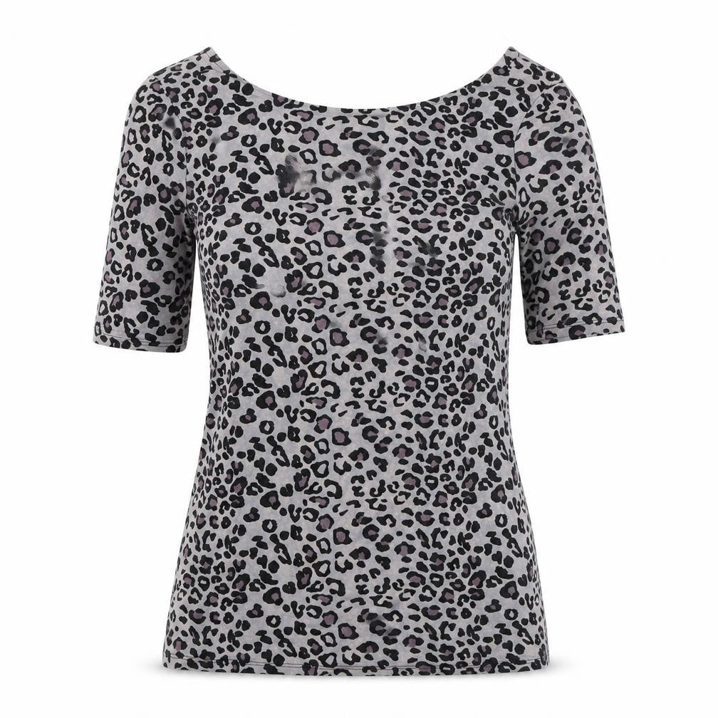 Oasis Womens Grey Animal Print Viscose Basic T-Shirt Size S Boat Neck - Low Back