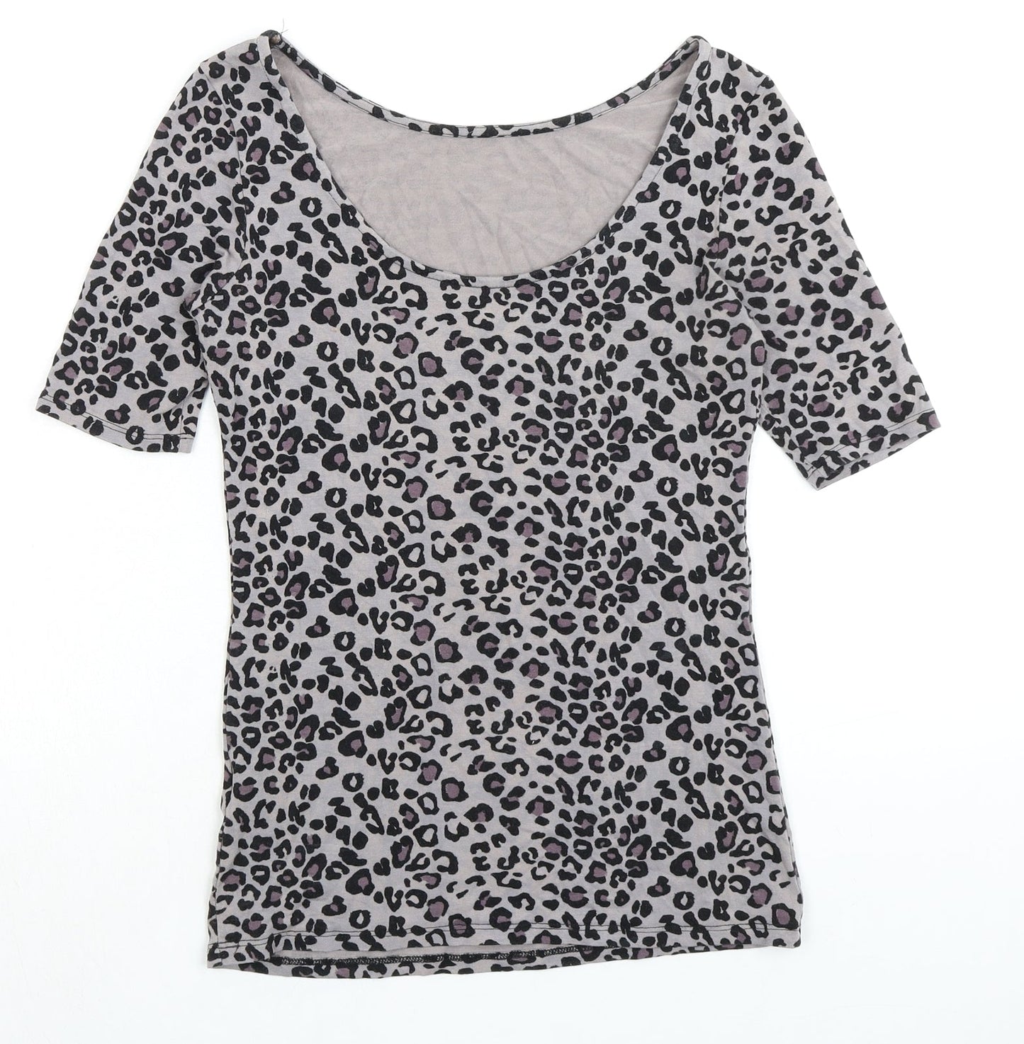 Oasis Womens Grey Animal Print Viscose Basic T-Shirt Size S Boat Neck - Low Back