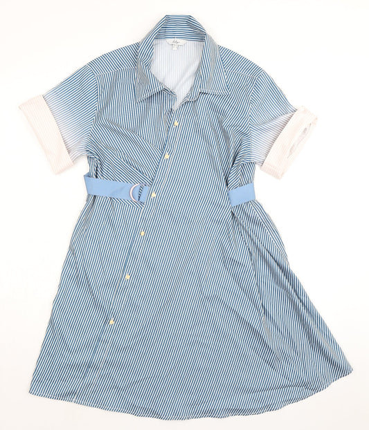 Lily Womens Blue Striped Polyester Shirt Dress Size M Collared Button - Belted