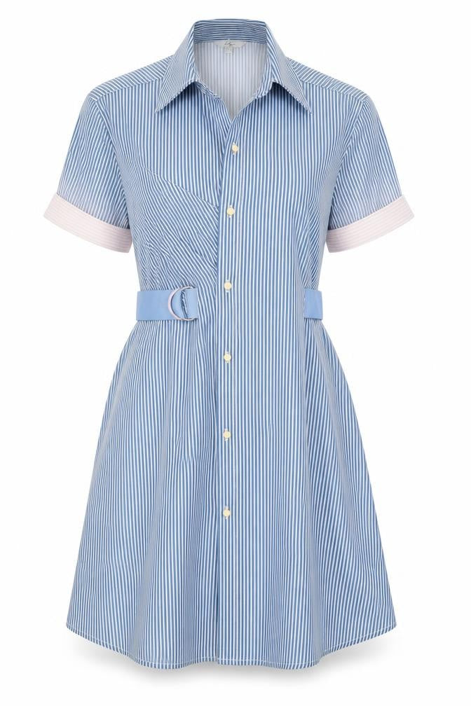 Lily Womens Blue Striped Polyester Shirt Dress Size M Collared Button - Belted