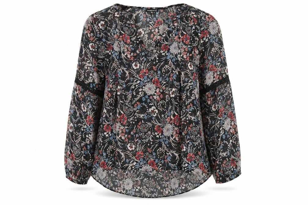 Warehouse Womens Black Floral Polyester Tunic Blouse Size 8 V-Neck