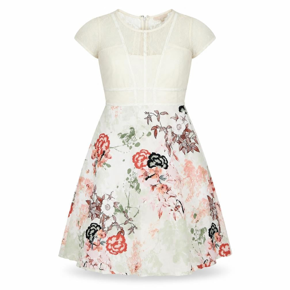 NEXT Womens White Floral Polyester A-Line Size 12 Round Neck Zip