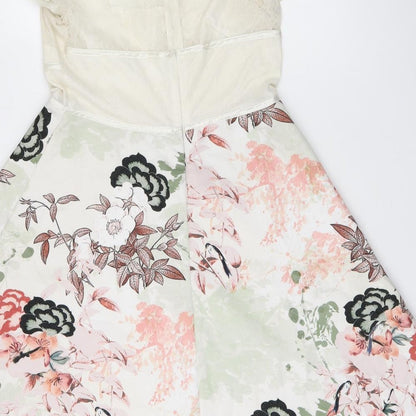 Next Womens White Floral Polyester A-Line Size 12 Round Neck Zip