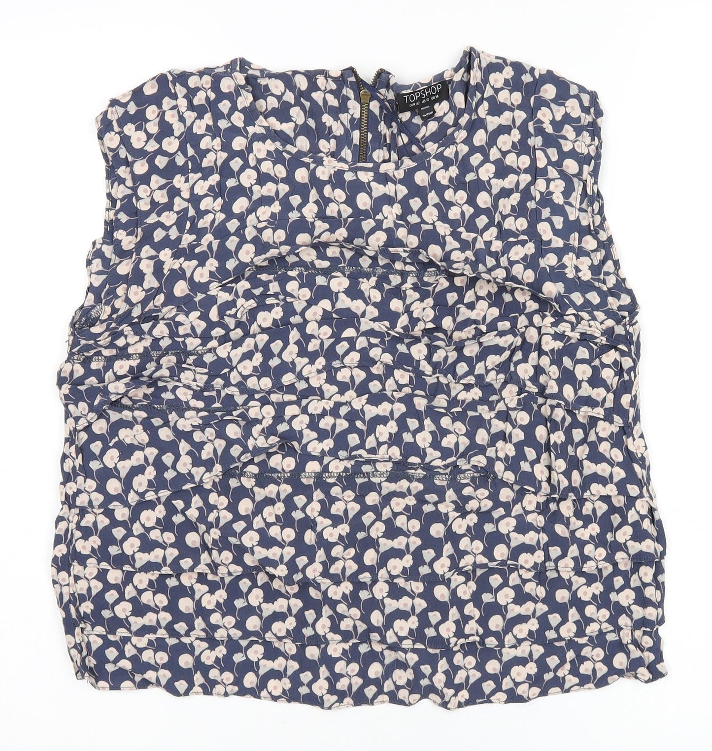 Topshop Womens Blue Floral Viscose Cropped T-Shirt Size 14 Round Neck