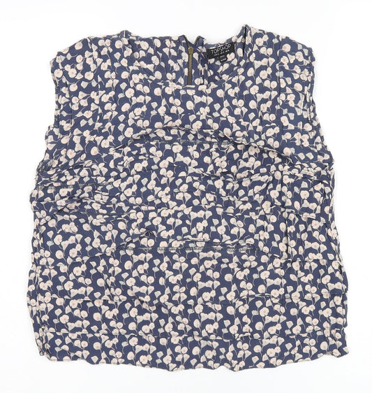 Topshop Womens Blue Floral Viscose Cropped T-Shirt Size 14 Round Neck