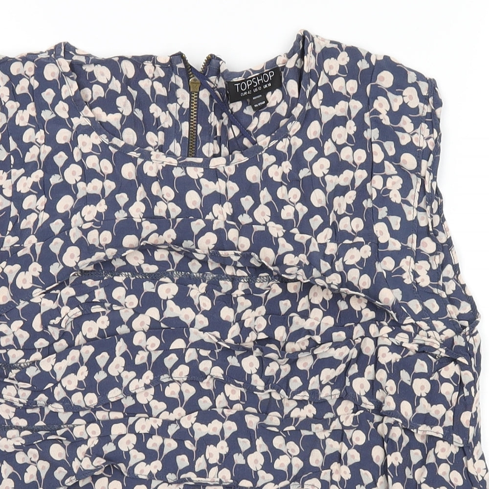 Topshop Womens Blue Floral Viscose Cropped T-Shirt Size 14 Round Neck