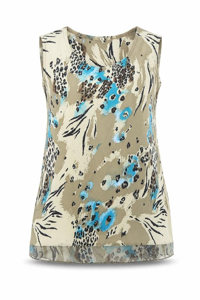 South Lodge Womens Beige Animal Print Polyester Basic Blouse Size M Round Neck - M/L, Leopard print, Lace hem detail