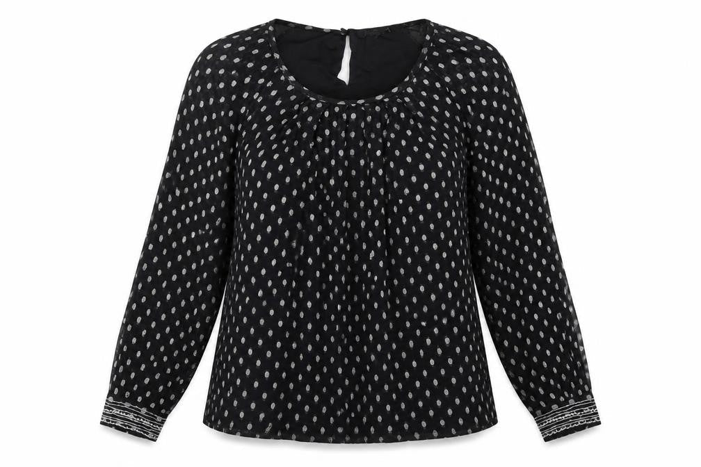 M&Co Womens Black Polka Dot Viscose Basic Blouse Size 12 Round Neck - Embellished Cuffs