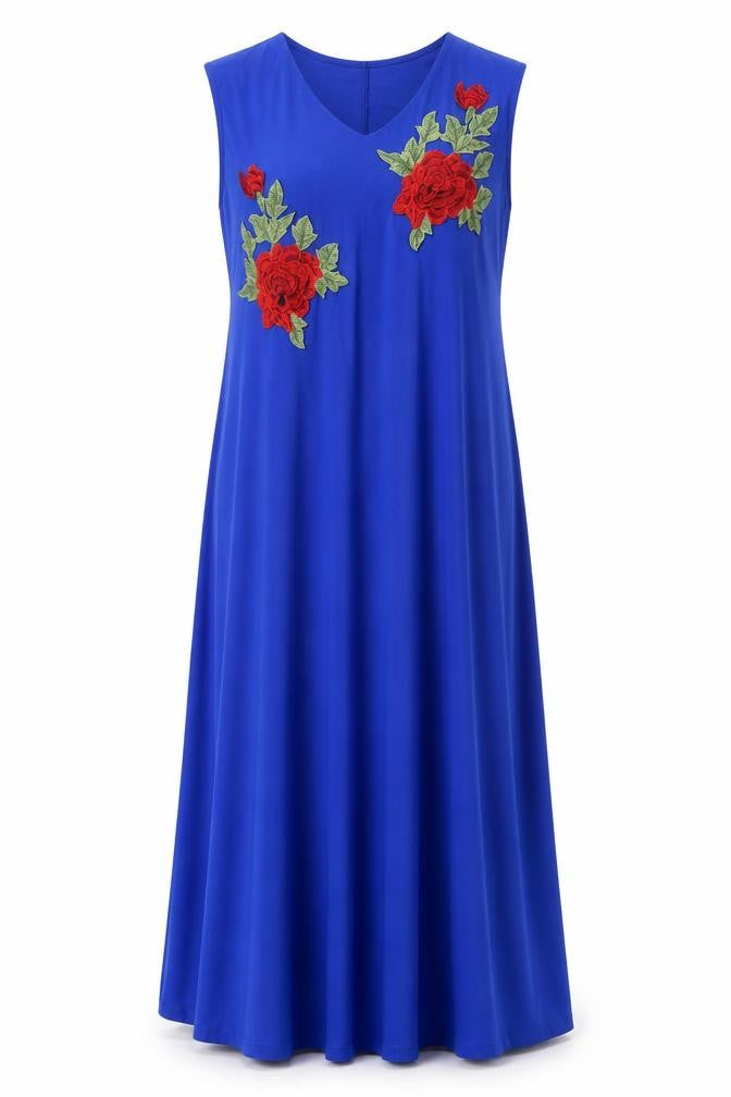 ICHOIX Womens Blue Polyester A-Line Size XL V-Neck Pullover - Embroided Flowers