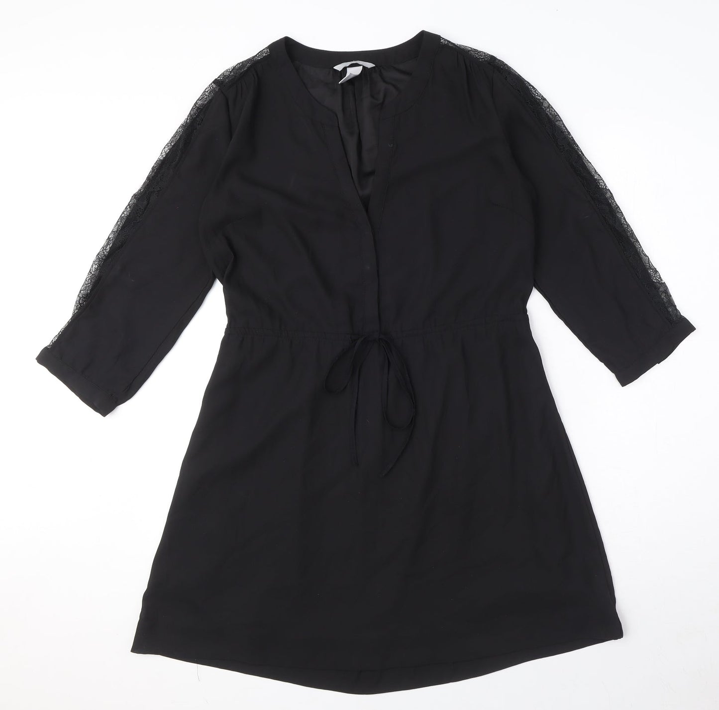 H&M Womens Black Polyester Shirt Dress Size 10 V-Neck Button - Drawstring waist
