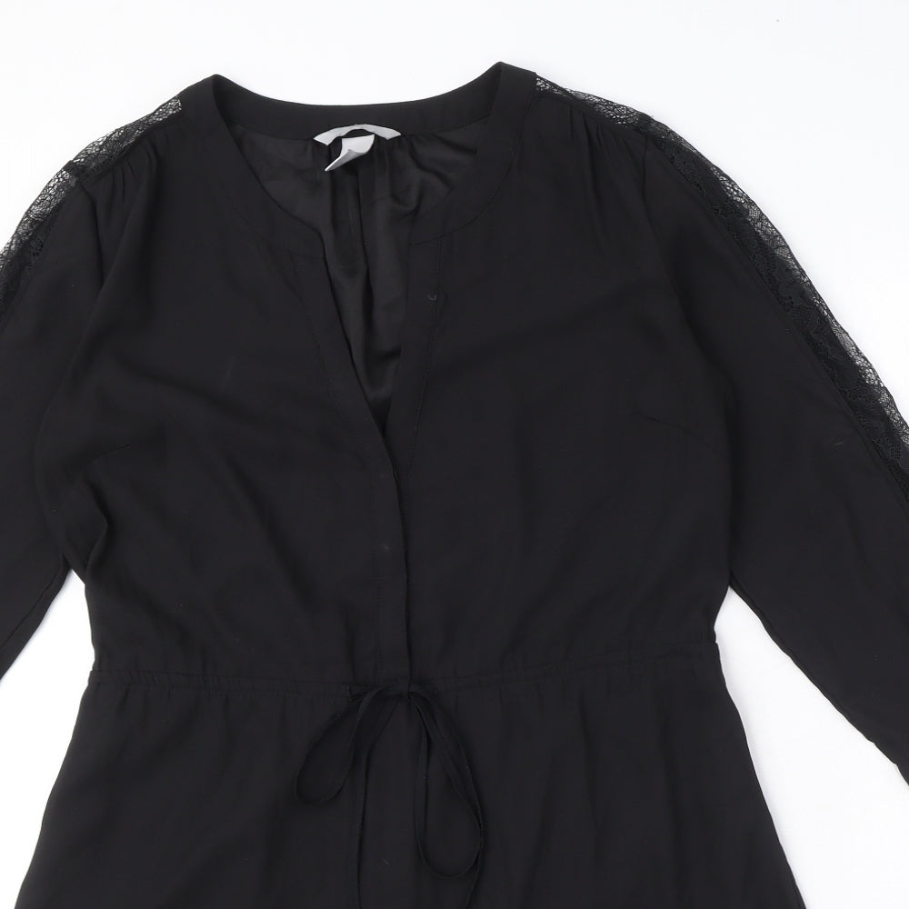 H&M Womens Black Polyester Shirt Dress Size 10 V-Neck Button - Drawstring waist