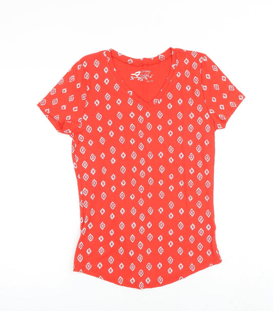 BHS Womens Red Geometric 100% Cotton Basic T-Shirt Size 10 Round Neck