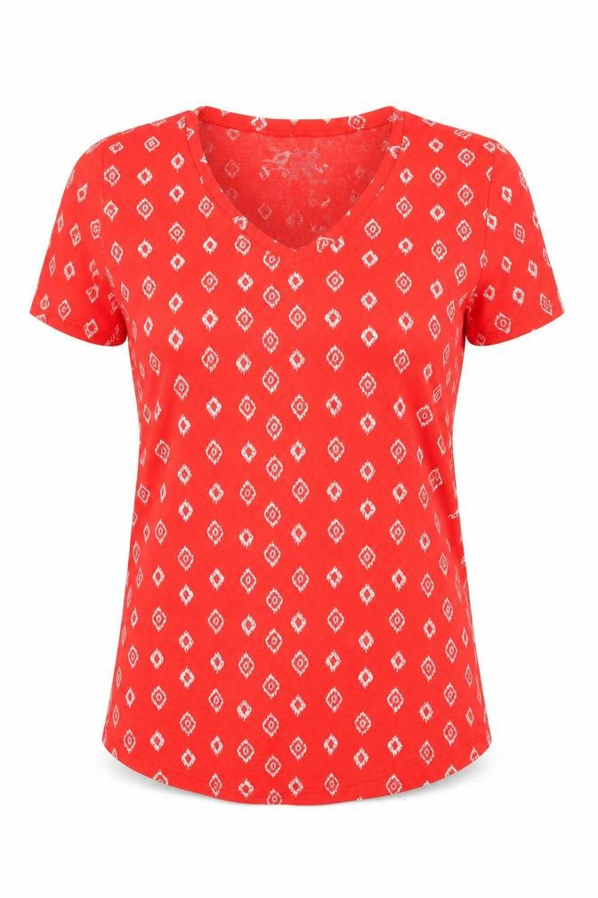 BHS Womens Red Geometric 100% Cotton Basic T-Shirt Size 10 Round Neck