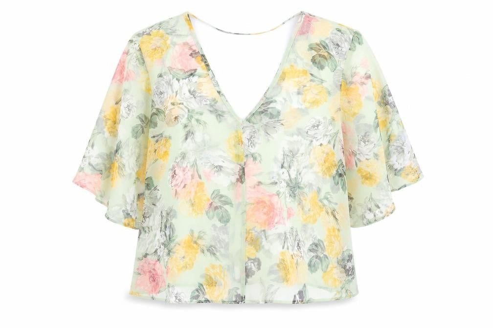 Miss Selfridge Womens Green Floral Polyester Basic Blouse Size 12 V-Neck