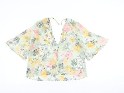 Back view of Miss Selfridge women’s green floral polyester basic blouse, size UK 12, v-neck