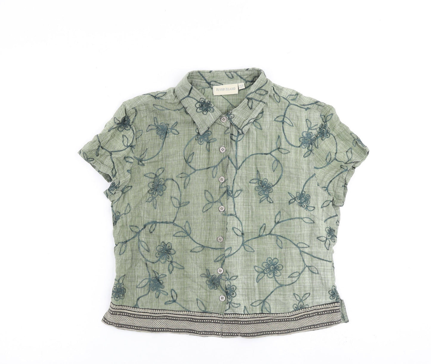 River Island Boys Green 100% Cotton Basic Button-Up Size XL Collared Button