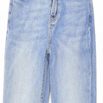 Close-up detail of Denim & Co. women’s blue cotton mom jeans, size UK 6, 26-inch leg regular button