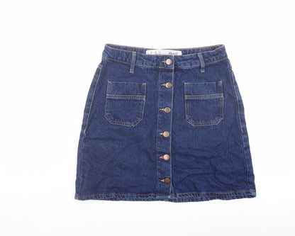 Additional front view of Denim & Co. women’s blue cotton a-line skirt, size UK 8, button