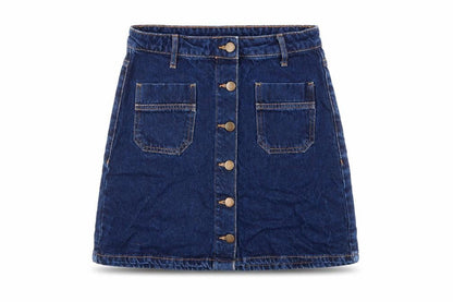 Front view of Denim & Co. women’s blue cotton a-line skirt, size UK 8, button