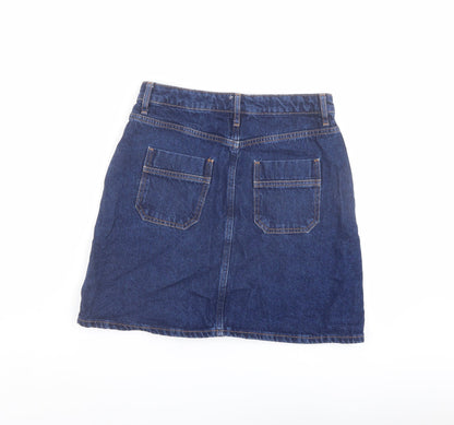 Back view of Denim & Co. women’s blue cotton a-line skirt, size UK 8, button