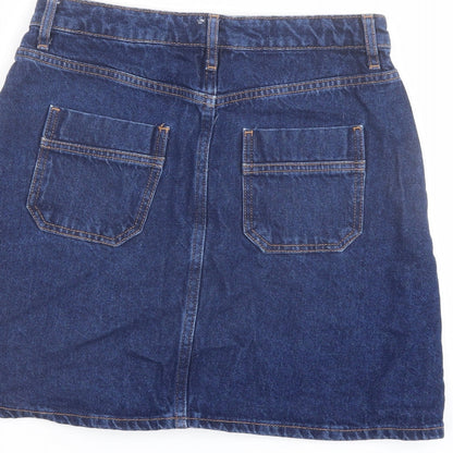 Brand and care label for Denim & Co. women’s blue cotton a-line skirt, size UK 8, button