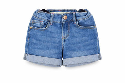 Front view of Denim & Co. girls’ blue cotton cut-off shorts, size 4-5, years regular drawstring