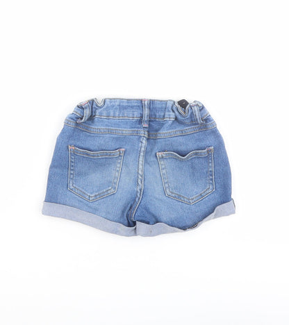 Back view of Denim & Co. girls’ blue cotton cut-off shorts, size 4-5, years regular drawstring