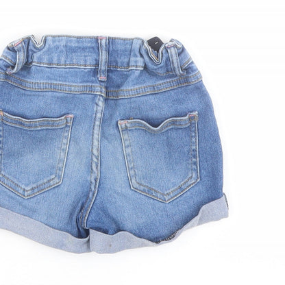 Brand and care label for Denim & Co. girls’ blue cotton cut-off shorts, size 4-5, years regular drawstring