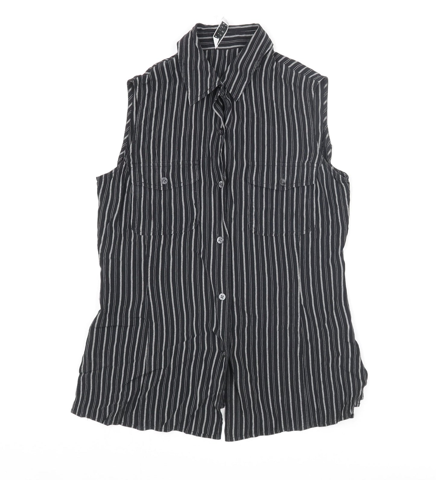 Precis Womens Black Striped Viscose Basic Button-Up Size 8 Collared
