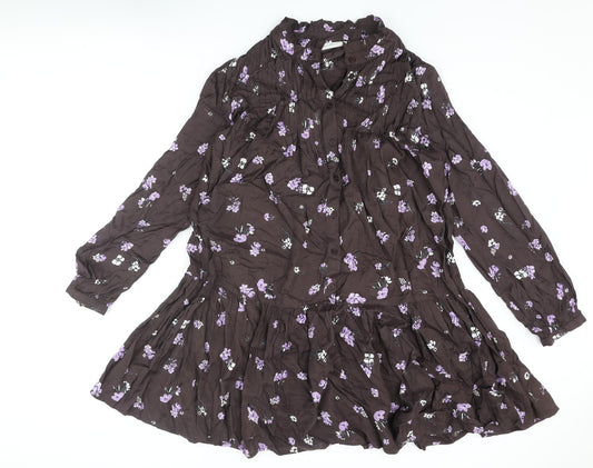 Kaffe Womens Brown Floral Viscose A-Line Size 14 V-Neck Button - Frill