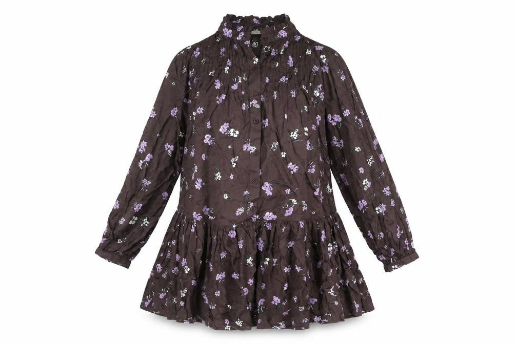 Kaffe Womens Brown Floral Viscose A-Line Size 14 V-Neck Button - Frill