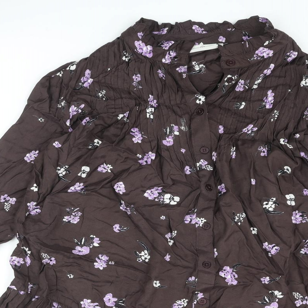 Kaffe Womens Brown Floral Viscose A-Line Size 14 V-Neck Button - Frill