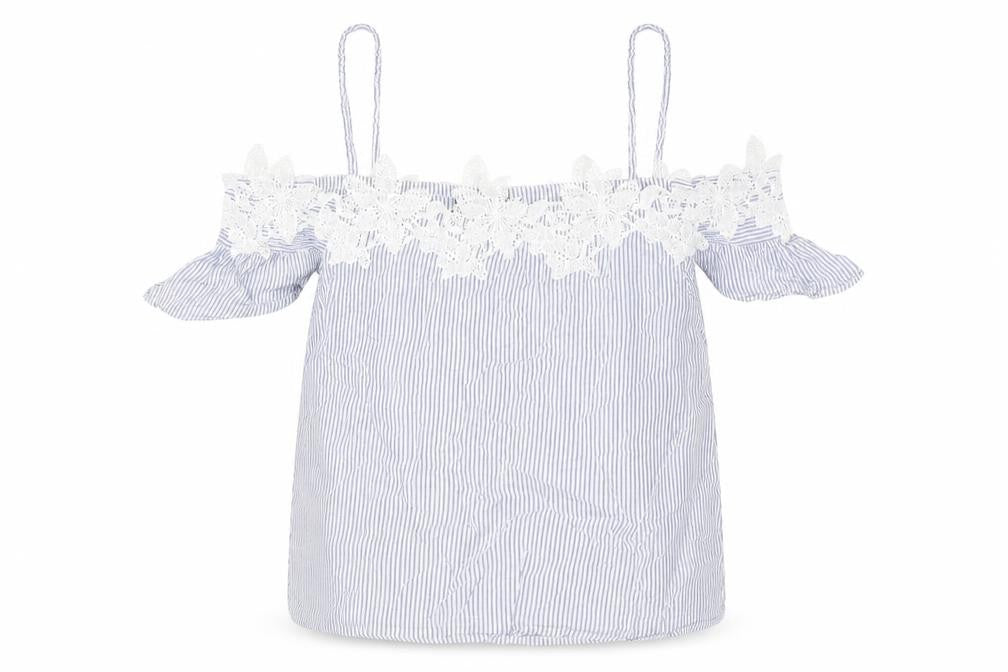 New Look Womens Blue Striped Cotton Basic Blouse Size 8 Off the Shoulder - Strap Lace Trim