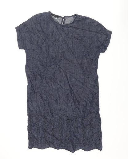 Next Womens Blue Cotton Shift Size 8 Round Neck Button - Belted Embroidered Hem