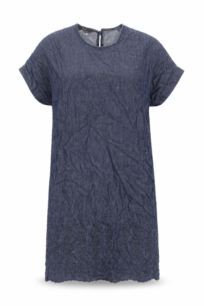 NEXT Womens Blue Cotton Shift Size 8 Round Neck Button - Belted Embroidered Hem
