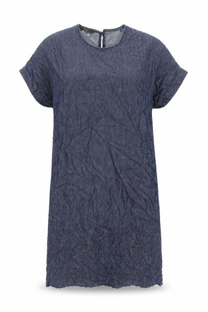 Next Womens Blue Cotton Shift Size 8 Round Neck Button - Belted Embroidered Hem