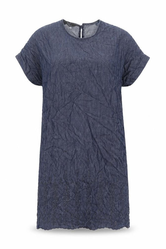 NEXT Womens Blue Cotton Shift Size 8 Round Neck Button - Belted Embroidered Hem