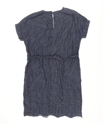 Next Womens Blue Cotton Shift Size 8 Round Neck Button - Belted Embroidered Hem