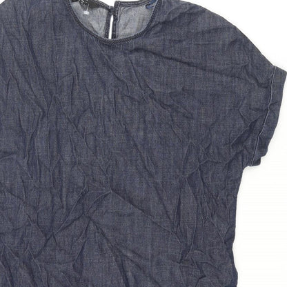 Next Womens Blue Cotton Shift Size 8 Round Neck Button - Belted Embroidered Hem