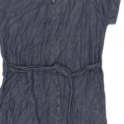 Next Womens Blue Cotton Shift Size 8 Round Neck Button - Belted Embroidered Hem