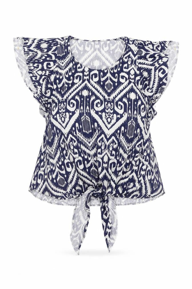 Wallis Womens Blue Geometric Viscose Basic Blouse Size 8 Round Neck - Tie