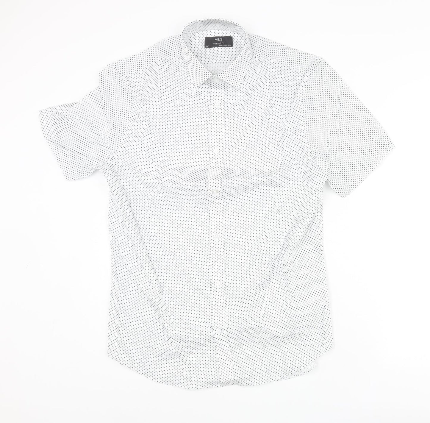 Marks and Spencer Mens White Geometric Cotton Button-Up Size 15 Collared Button