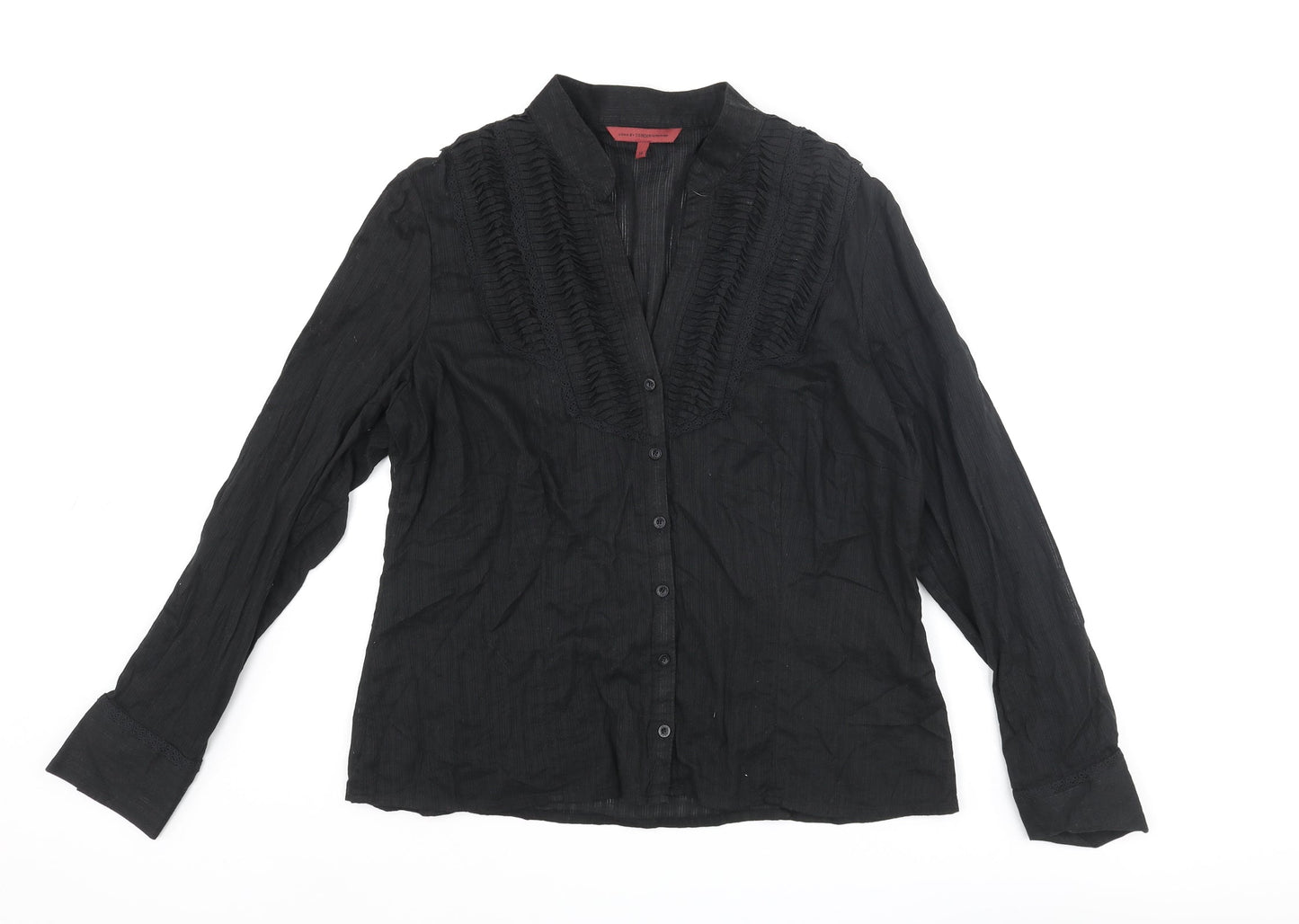 John Richmond Womens Black Cotton Basic Button-Up Size 10 V-Neck - Pleated Lace Trim