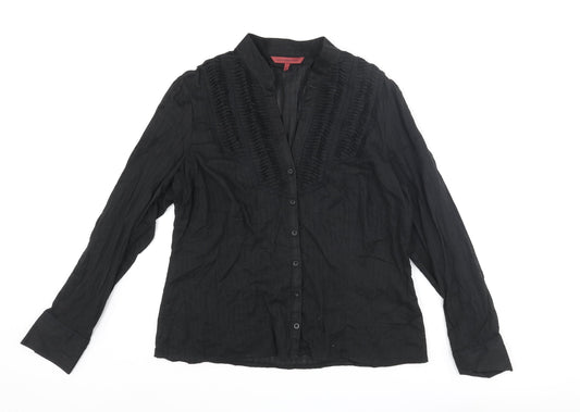 John Richmond Womens Black Cotton Basic Button-Up Size 10 V-Neck - Pleated Lace Trim