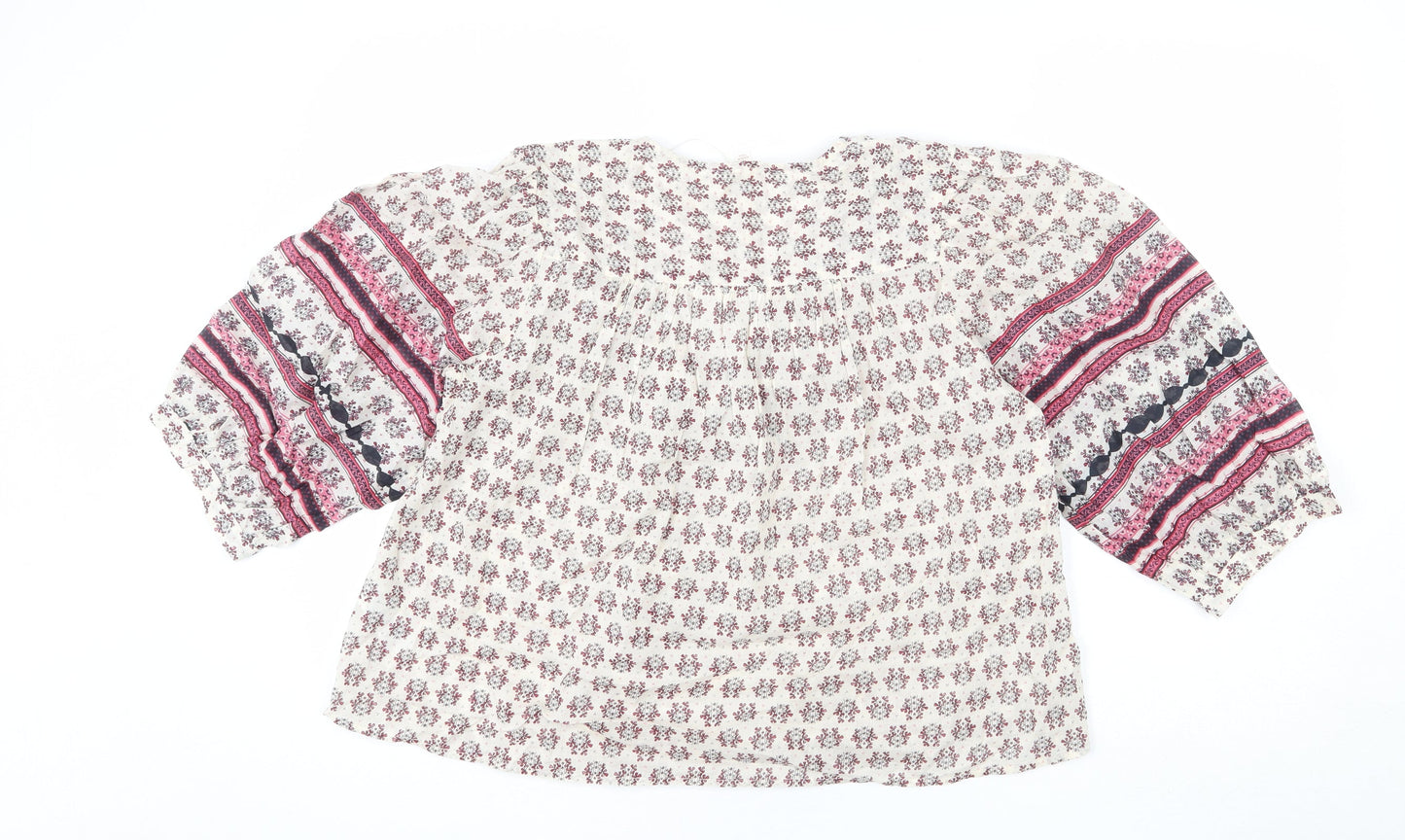 Per Una Womens Beige Floral 100% Cotton Basic Blouse Size S V-Neck - Geometric Detailing