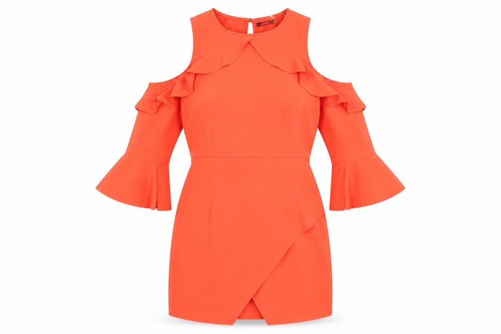 Boohoo Womens Orange Polyester A-Line Size 12 Round Neck Zip - Layered Ruffle Effect